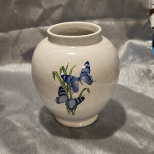 Vintage Blue and White Butterfly 6” Tall Vase Small Ginger Jar No Lid